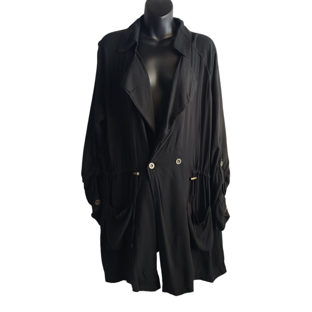 CATO Trench Coat Women's Black Roll-up Tab Sleeve Waist Drawstring Soft SzXL NWT